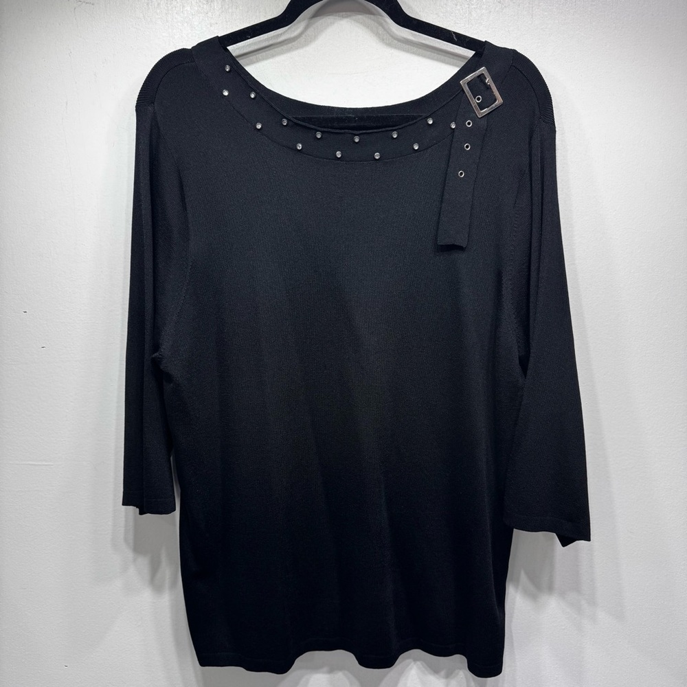 Black Tunic Sweater Buckle Rhinestone Neckline Joseph A. Vintage Y2K Size 3X